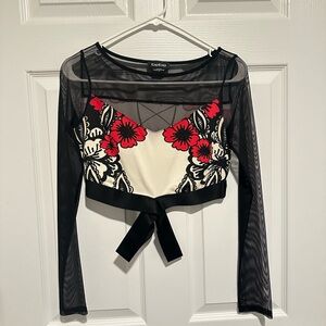Bebe Black and Red Floral Mesh Long Sleeve Top